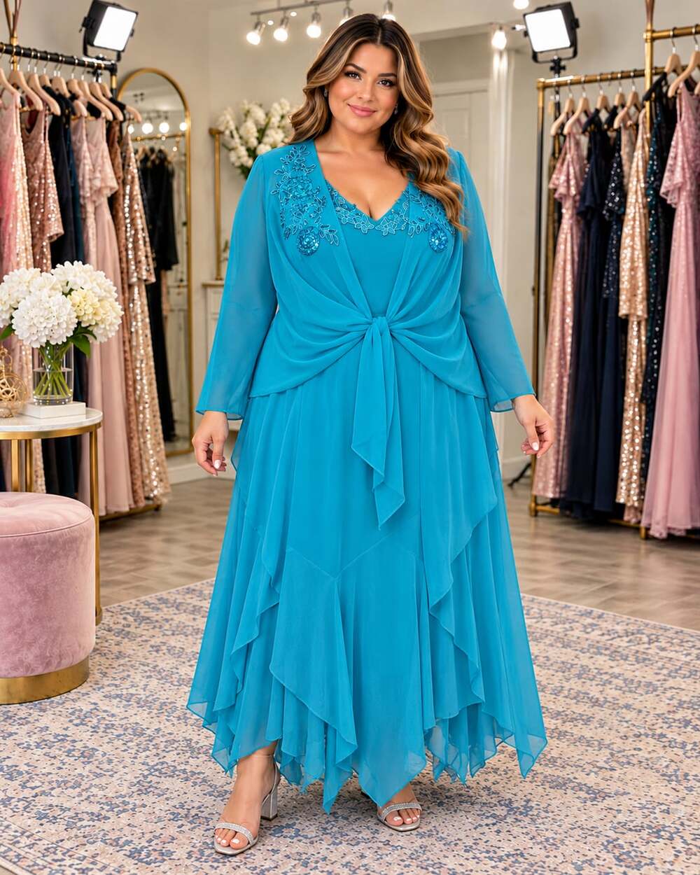 Turquoise Blue Chiffon Embellished Plus Size Formal Evening Dress